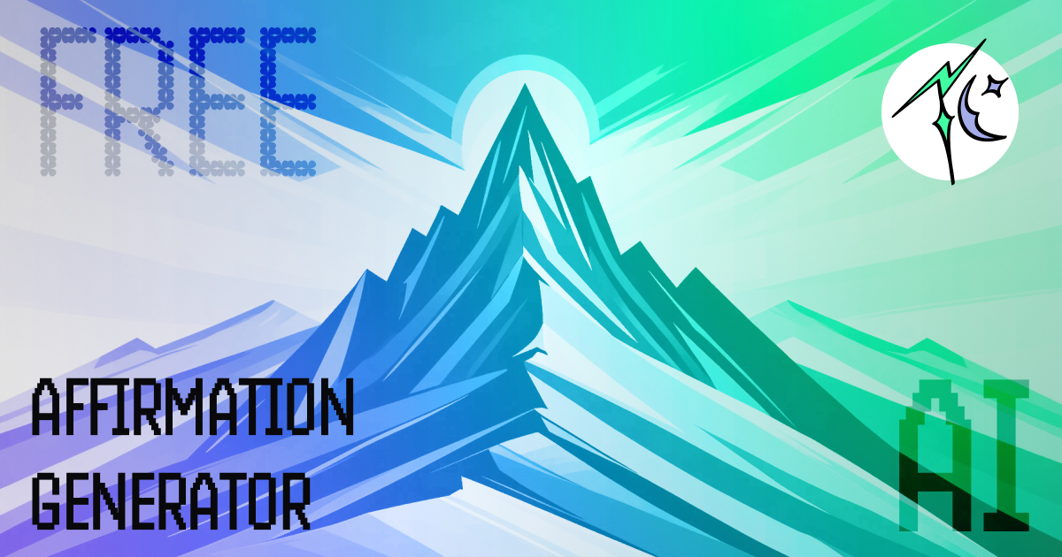 A vibrant image featuring the word 'FREE' in a pixelated font made of blue dots on the upper left side, with a stylized illustration of a mountain peak in the center. The mountain is layered in various shades of blue, against a backdrop of radial lines suggesting sunlight, in a gradient from white to teal. 'AFFIRMATION GENERATOR' is written in bold, black font across the bottom. In the top right corner is the 'Today's Compliment' logo. 'AI' in a pixelated style is at the bottom right as it's a Free AI Affirmation Generator.
