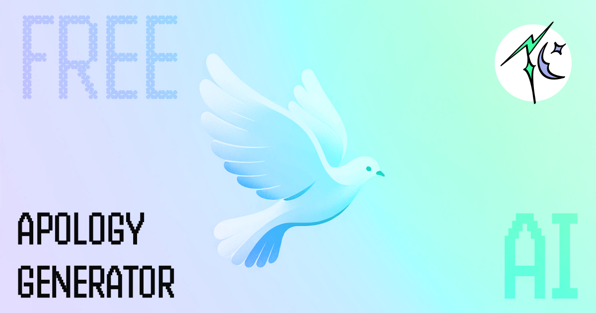 Digital artwork with the word 'FREE' in a pixelated blue font on the upper left, overlaying a background gradient from blue to white. A gentle, stylized white dove in flight is centered in the image, symbolizing peace and forgiveness. Below the dove, 'APOLOGY GENERATOR' is written in a solid black font. The 'Today's Compliment' logo is present in the top right corner. 'AI' in a digital, pixelated font appears at the bottom right as it's a Free AI Apology Generator.