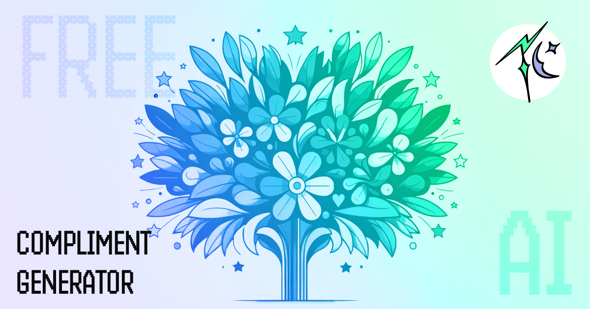 Stylized tree with blue and green flowers and leaves against a gradient background, with blue and green stars scattered above. The word 'FREE' in pixelated font on the left, and 'COMPLIMENT GENERATOR' in smooth typeface at the bottom center. Today's Compliment circular logo is in the top right corner, and 'AI' in pixelated style at the bottom right, indicating the artificial intelligence as it's a Free AI Compliment Generator.