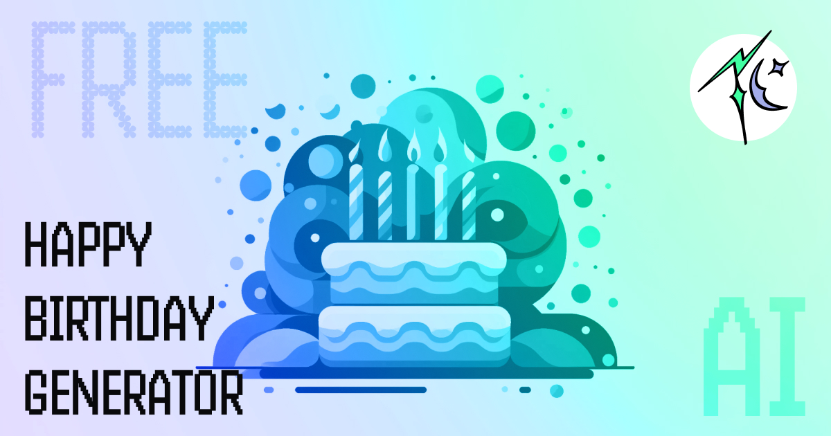 Graphic image with 'FREE' spelled out in a blue, pixelated font on the left side, with a celebratory birthday cake in the center featuring lit candles. The background is a gradient of blue to white, adorned with bubbles. Below the cake, 'HAPPY BIRTHDAY GENERATOR' is written in bold, black font. The 'Today's Compliment' logo is placed in the top right corner. 'AI' in a pixelated style is at the bottom right as it's a Free AI Happy Birthday Generator.