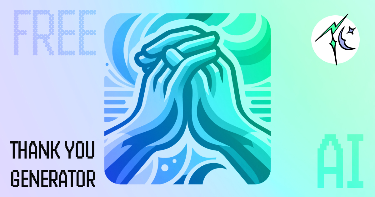 Graphic illustration featuring the word 'FREE' in a blue, pixelated font on the left side, with an abstract depiction of two hands in a gesture of gratitude or prayer in varying shades of blue at the center. Below is the phrase 'THANK YOU GENERATOR' in bold black font. The top right corner includes the 'Today's Compliment' logo, and 'AI' in blue, pixelated style at the bottom right as it's a Free AI Thank You Generator.